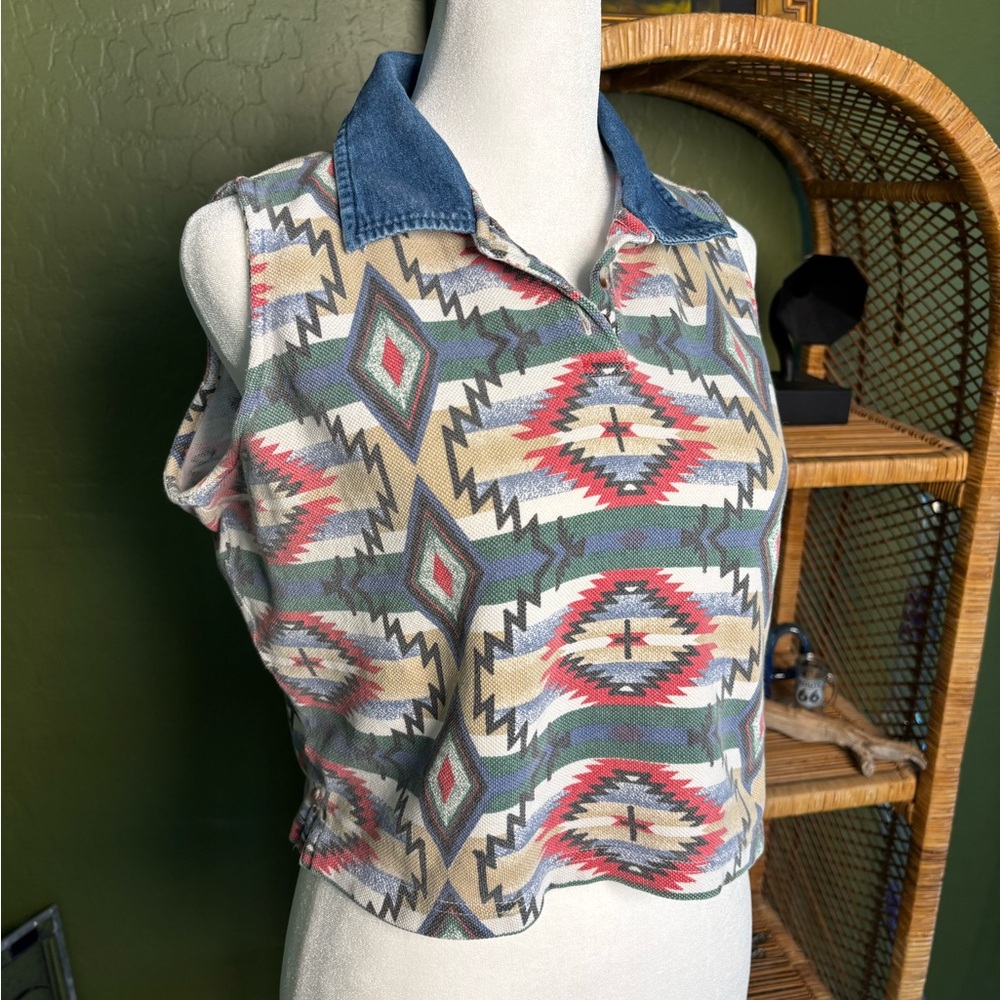 Southwestern Print Sleeveless Vest Button Top with Denim Collar